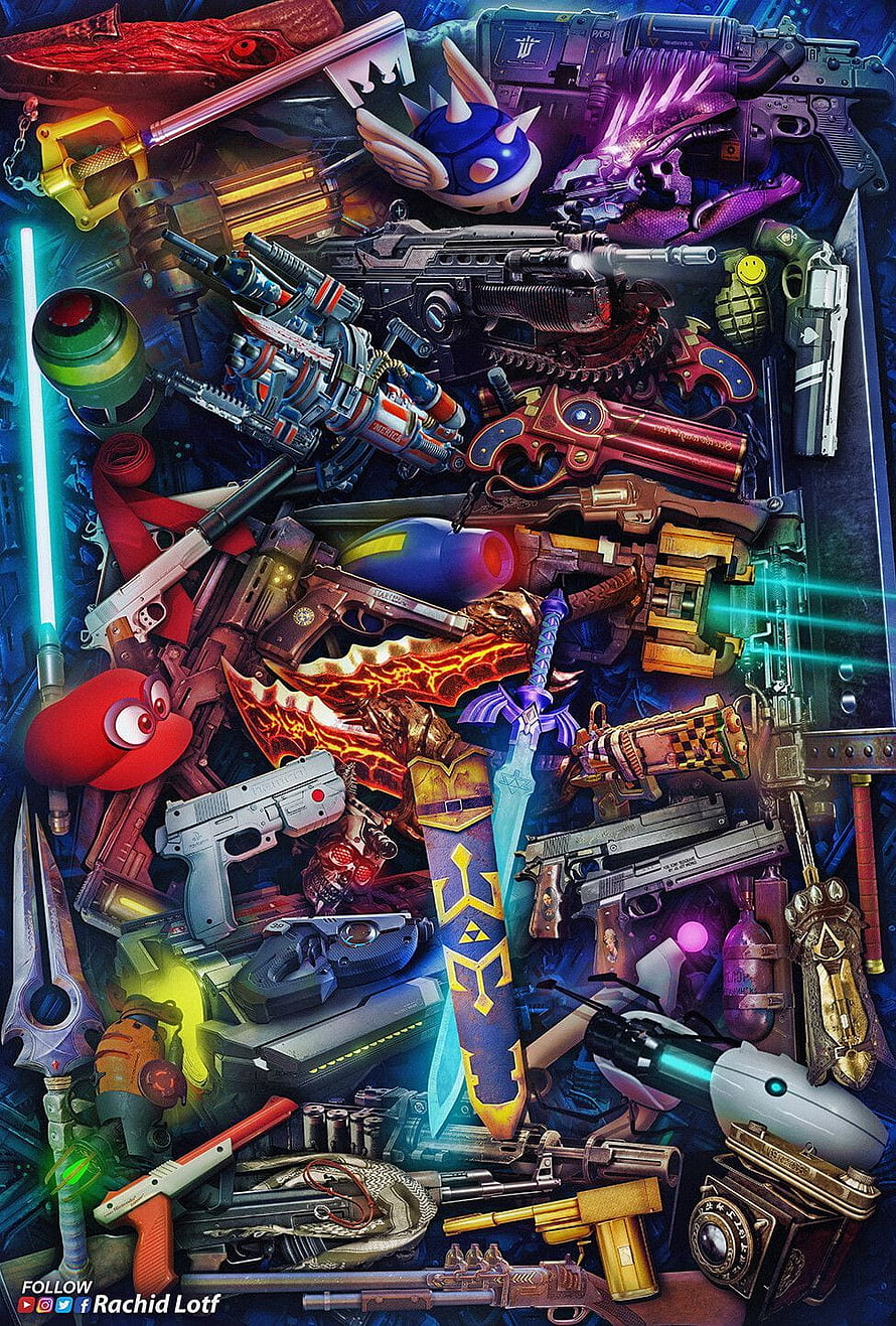 Colorful Digital Art Illustration of Video Game Weapons and Sci-Fi Firearms HD phone wallpaper