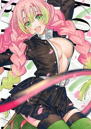 Manga Style Illustration of Mitsuri Kanroji from Demon Slayer with Pink Braids, Mitsuri Kanroji Kimetsu no Yaiba Mitsuri Kanroji, love hashira HD phone wallpaper
