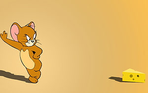 Jerry the Mouse Reaching for a Cheese Wedge on a Warm Yellow Background HD wallpaper