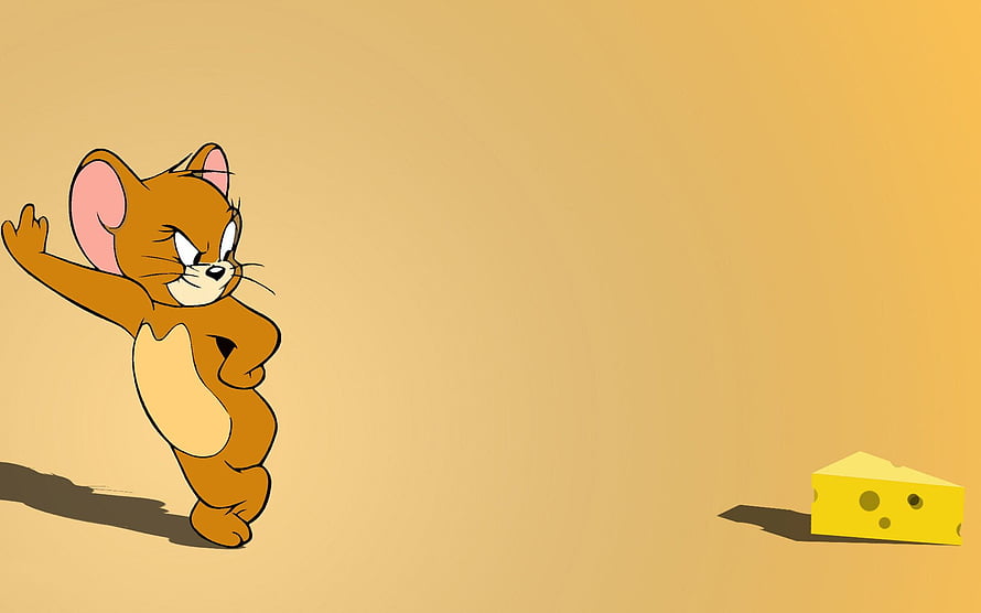 Jerry the Mouse Reaching for a Cheese Wedge on a Warm Yellow Background HD wallpaper