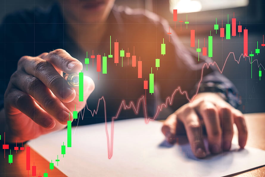 Financial Analyst Analyzing Stock Market Candlestick Charts on Digital Interface HD wallpaper