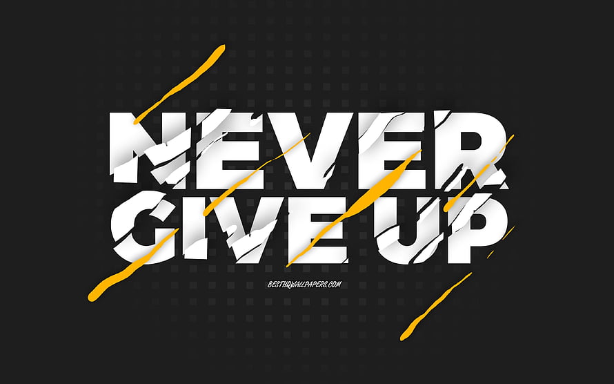 Never Give Up Motivational Typography with Dynamic Yellow Accents on Dark Background HD wallpaper