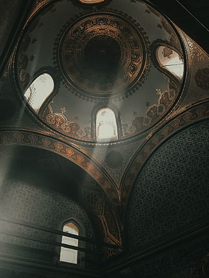Ornate Islamic Dome Interior with Golden Calligraphy and Arched Windows HD phone wallpaper