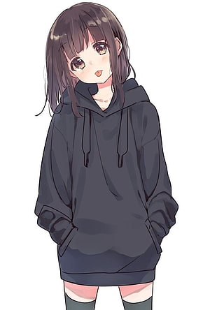 Cute Anime Girl in Oversized Black Hoodie with Brown Hair and Thigh High Socks HD phone wallpaper