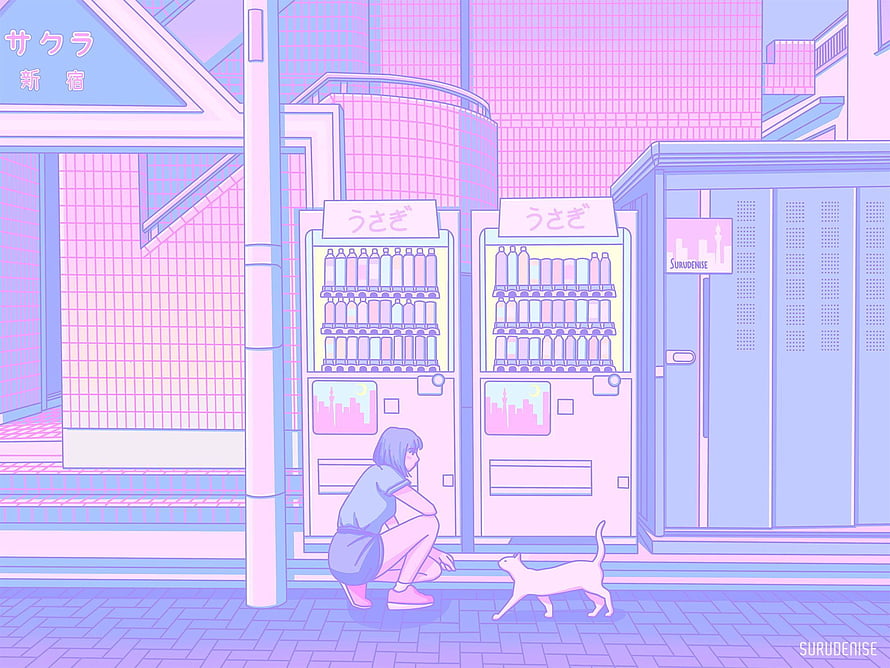 Anime Girl Squatting Near Vending Machines With Cat In Pastel City HD wallpaper