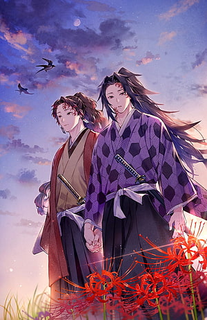 Tsugikuni Yoriichi and Tsugikuni Michikatsu Walking Through Red Spider Lilies at Dusk HD phone wallpaper