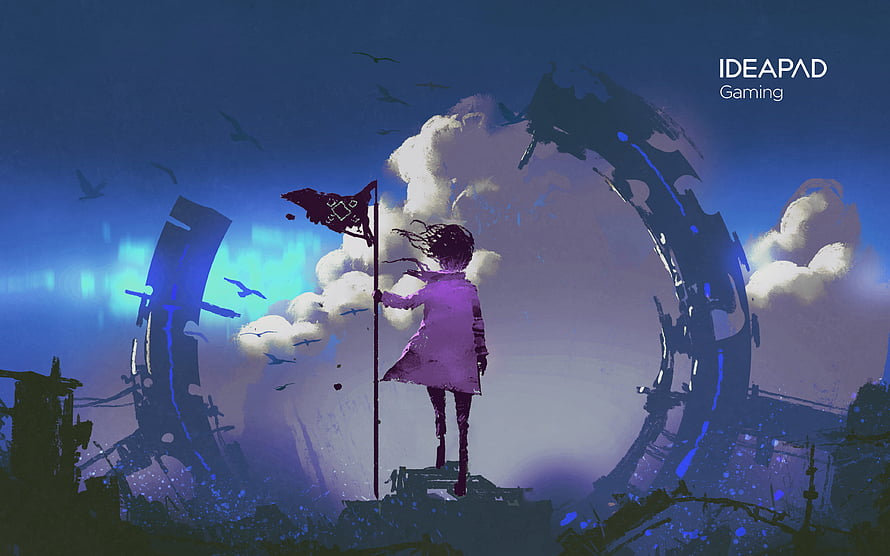 Lone Girl Holding Flag in Post-Apocalyptic Ruins with Giant Ring Structure HD wallpaper