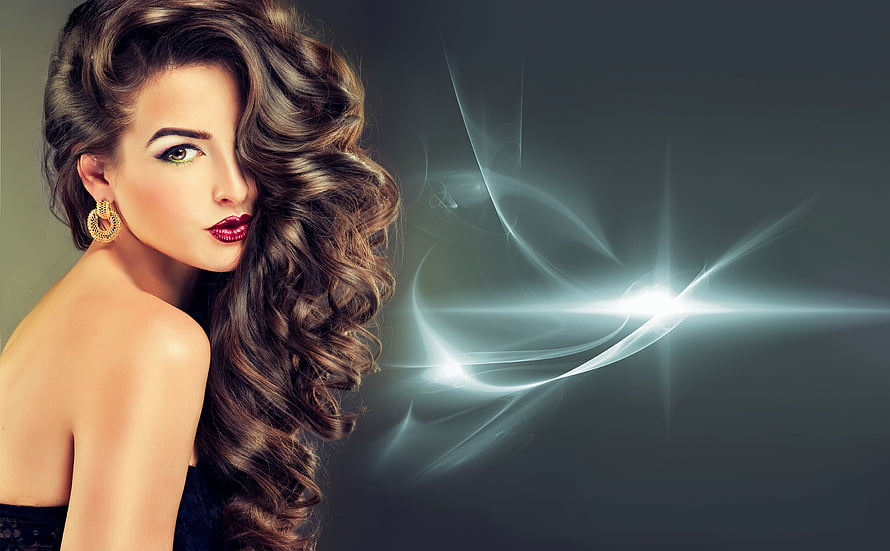 Glamorous Woman with Voluminous Curls and Red Lips Against Abstract Light Background, Beauty Parlour Services At Home, beauty salon women HD wallpaper