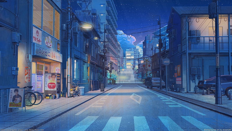 Anime Style Japanese City Street At Night With Convenience Store And Starry Sky HD wallpaper