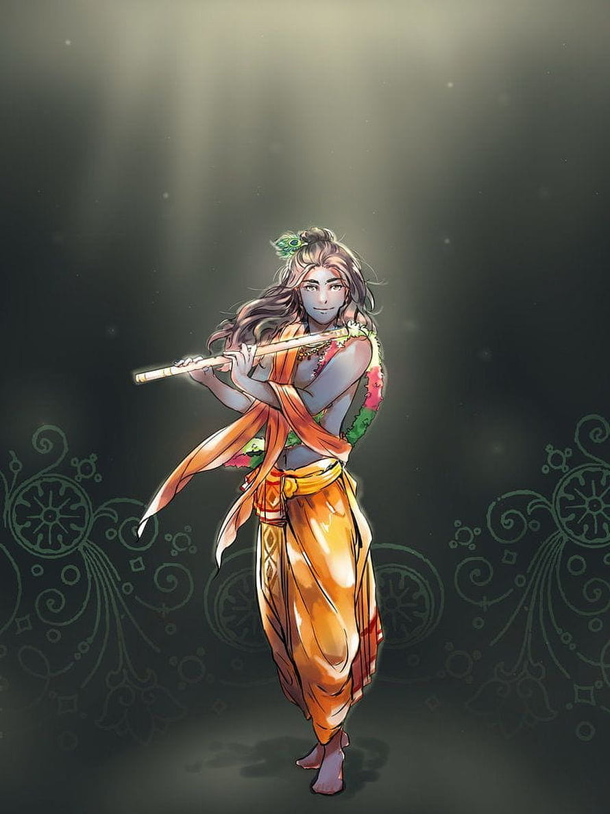 Krishna Playing Flute Digital Art Wallpaper HD phone wallpaper