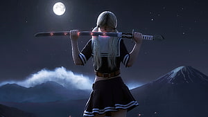 Anime girl in sailor uniform holding katana under full moon with Mount Fuji HD wallpaper