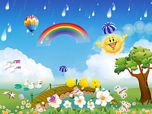 Colorful Cartoon Rainy Day Scene With Rainbow, Sun, Chicks, Ducks, And Flowers HD wallpaper