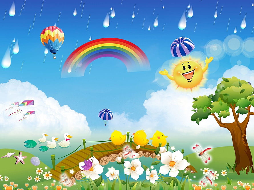 Colorful Cartoon Rainy Day Scene With Rainbow, Sun, Chicks, Ducks, And Flowers HD wallpaper