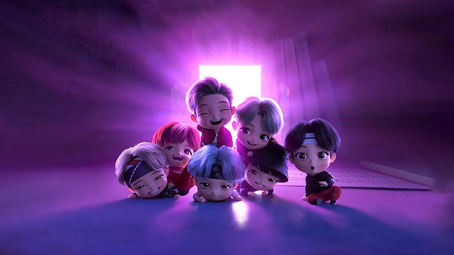 BTS Tiny Tan 3D Chibi Characters Group Portrait in Purple Neon Light HD wallpaper