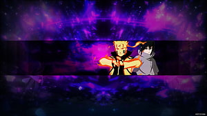 Naruto and Sasuke anime duo with fiery chakra against a dark purple cosmic background HD wallpaper