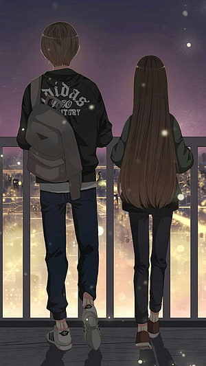 Anime Couple Gazing at City Lights from Rooftop at Night HD phone wallpaper