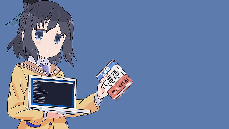 Anime Girl in School Uniform Holding Laptop and C Programming Book HD wallpaper