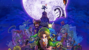 The Legend of Zelda Majora's Mask 3D Artwork Featuring Link and Skull Kid Under a Giant Moon HD wallpaper