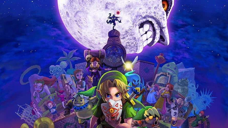 The Legend of Zelda Majora's Mask 3D Artwork Featuring Link and Skull Kid Under a Giant Moon HD wallpaper