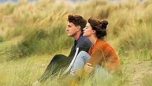 Normal People Couple Sitting Together in Golden Grass Field HD wallpaper
