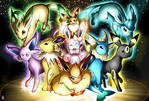 All Eeveelutions Pokemon Group Artwork with Eevee Centered Against Cosmic Background HD wallpaper