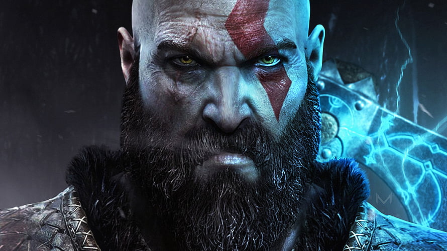 Kratos from God of War Ragnarok with glowing Leviathan Axe HD wallpaper