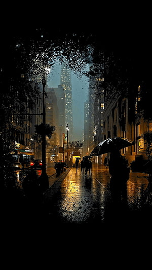 Moody Rainy City Street at Night with Silhouetted Pedestrians and Glowing Skyscrapers HD phone wallpaper