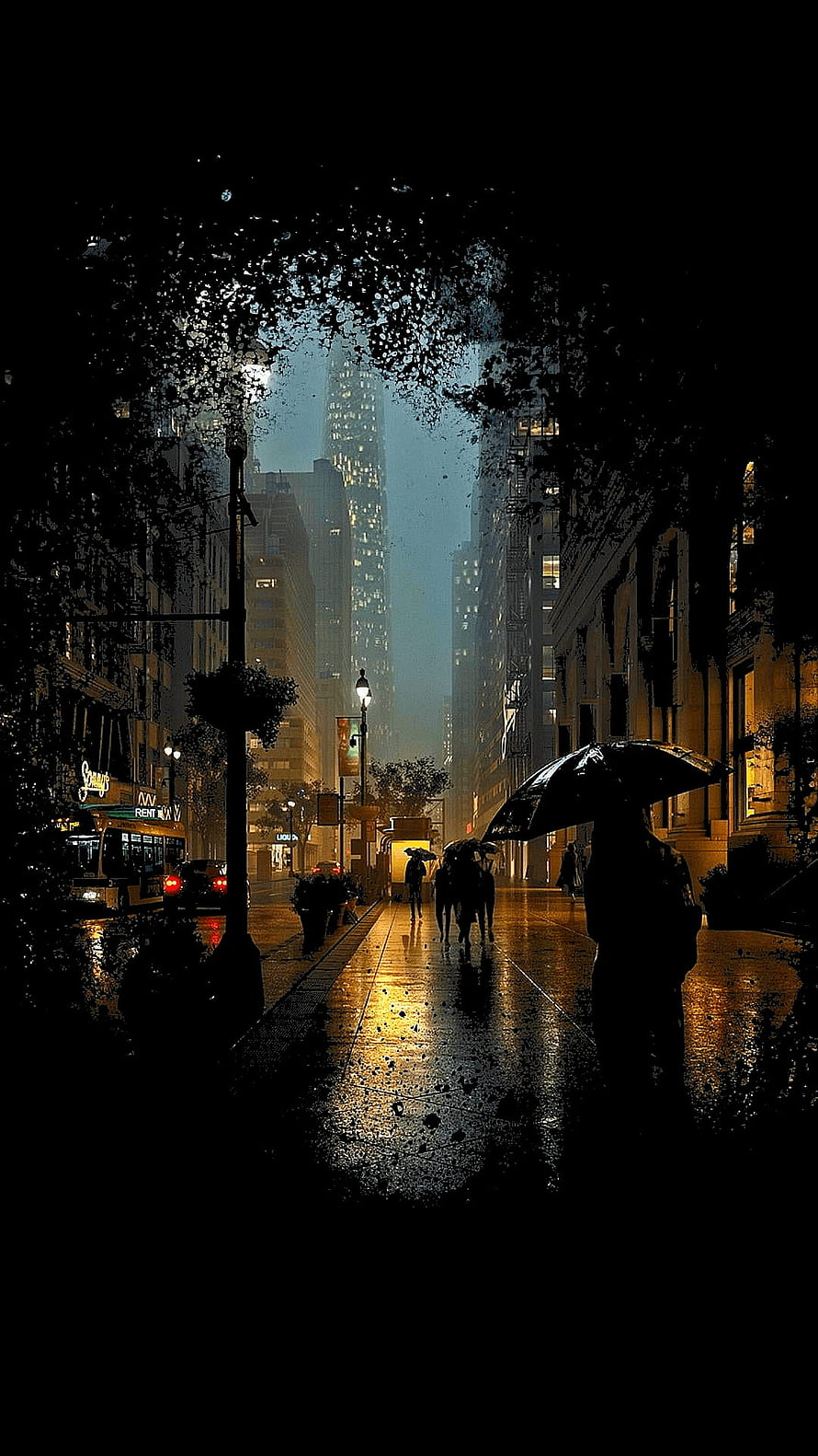 Moody Rainy City Street at Night with Silhouetted Pedestrians and Glowing Skyscrapers HD phone wallpaper