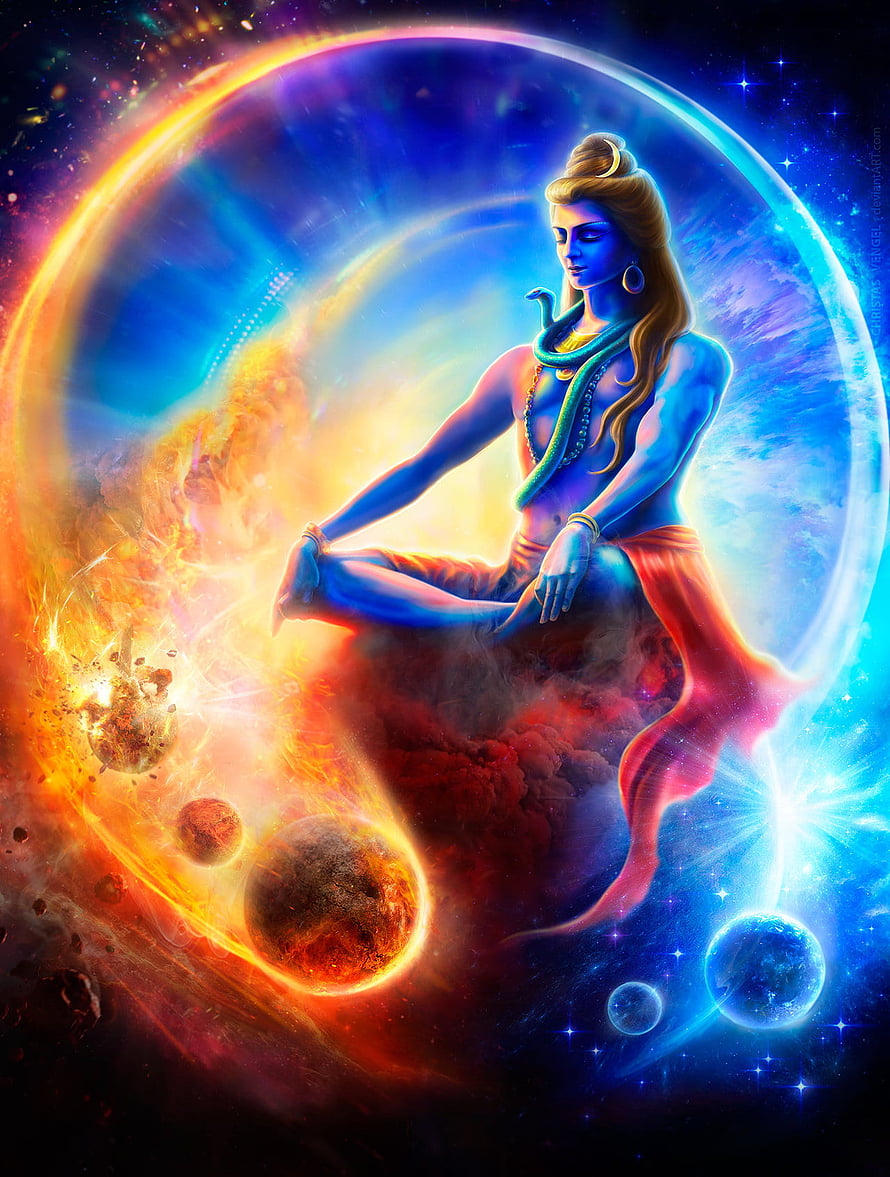 Cosmic Shiva Meditating in a Vibrant Nebula with Planets and Celestial Light HD phone wallpaper