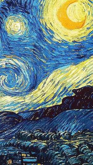 Vincent van Gogh Starry Night Impressionist Oil Painting with Swirling Blue Sky and Glowing Moon HD phone wallpaper