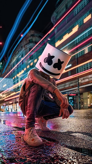 Marshmello DJ Mask Character Crouching in Neon City Street at Night HD phone wallpaper