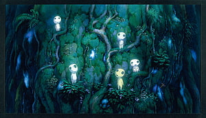 Studio Ghibli Forest Spirits Concept Art with Mossy Trees and Glowing Creatures HD wallpaper
