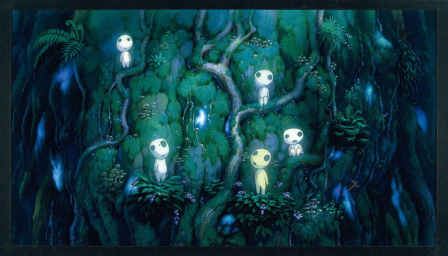 Studio Ghibli Forest Spirits Concept Art with Mossy Trees and Glowing Creatures HD wallpaper
