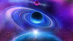 Vibrant Cosmic Scene Featuring Ringed Planet, Nebula, and Starfield in Purple and Blue Hues HD wallpaper