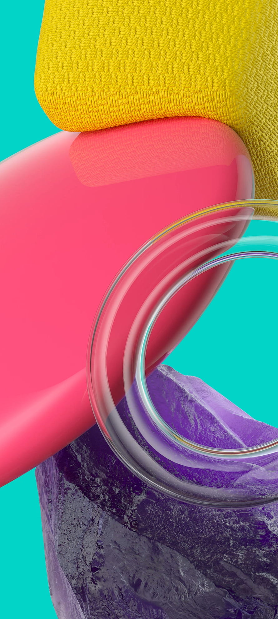 Abstract 3D Render With Glossy Pink Shape, Yellow Fabric, And Purple Crystal HD phone wallpaper