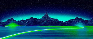 Neon Retro Wave Mountains With Glowing Green Horizon And Starry Night Sky HD wallpaper