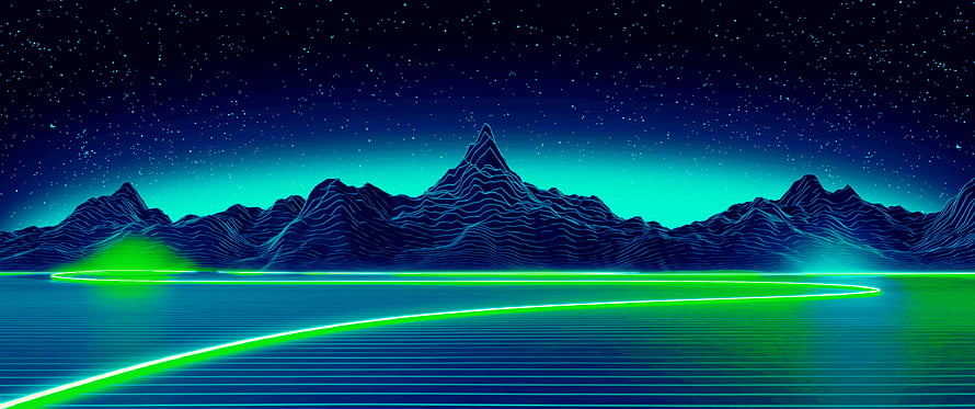 Neon Retro Wave Mountains With Glowing Green Horizon And Starry Night Sky HD wallpaper