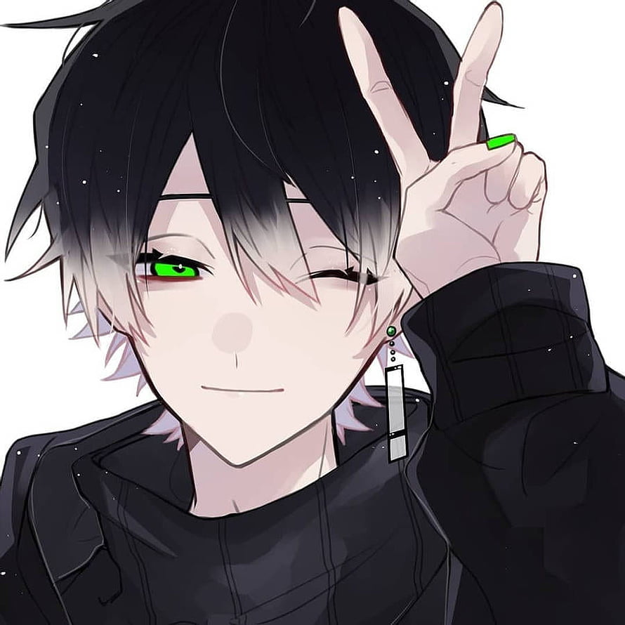 Anime Boy With Black Hair And Green Eyes Making A Peace Sign HD phone wallpaper