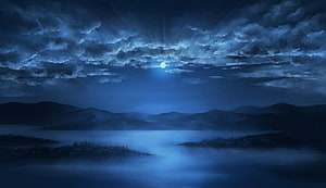 Mystical Moonlit Mountain Landscape With Foggy Lake And Dramatic Clouds HD wallpaper