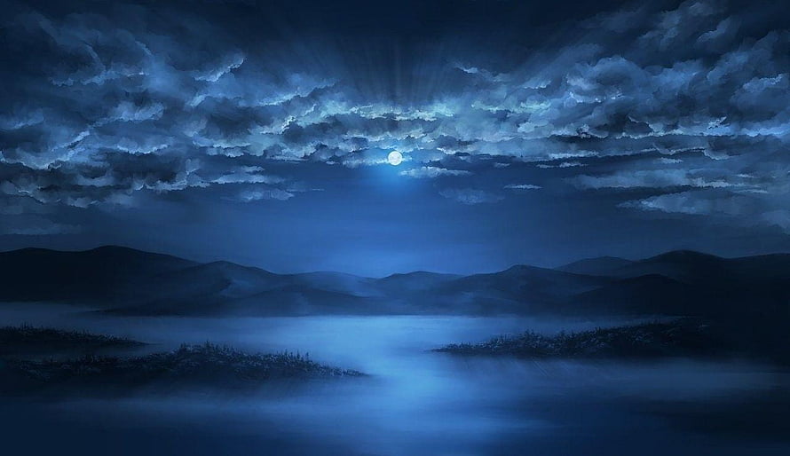 Mystical Moonlit Mountain Landscape With Foggy Lake And Dramatic Clouds HD wallpaper
