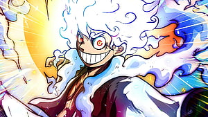 Monkey D. Luffy Gear 5 Sun God Nika Form with Fiery Grin and Dynamic Energy Burst HD wallpaper