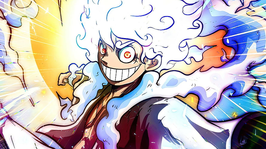 Monkey D. Luffy Gear 5 Sun God Nika Form with Fiery Grin and Dynamic Energy Burst HD wallpaper