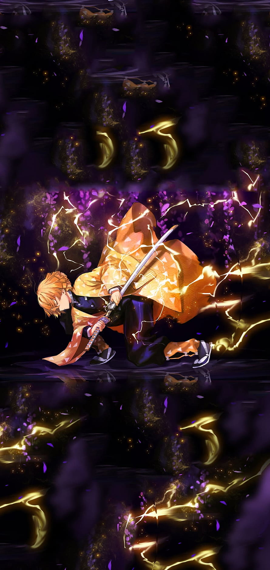 Zenitsu Agatsuma wielding Thunderclap and Flash technique in Demon Slayer anime style HD phone wallpaper