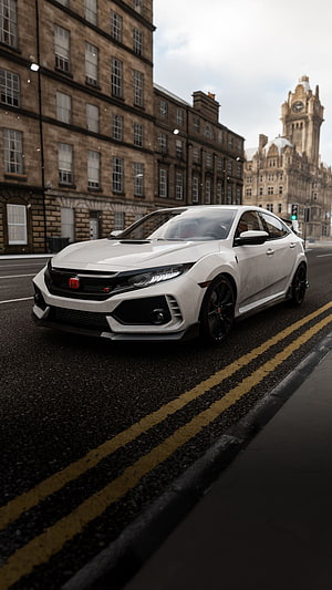 White Honda Civic Type R parked on a city street with historic stone buildings and a clock tower in the background HD phone wallpaper