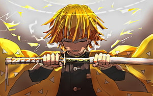 Zenitsu Agatsuma Wielding Katana in Demon Slayer Anime Artwork HD wallpaper