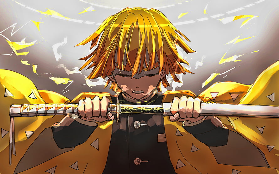 Zenitsu Agatsuma Wielding Katana in Demon Slayer Anime Artwork HD wallpaper