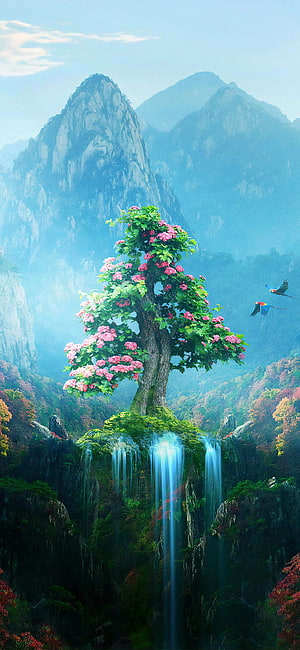 Magical Floating Island with Waterfall, Blossoming Tree, and Parrots in Misty Mountains HD phone wallpaper