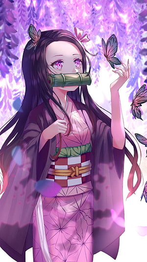 Nezuko Kamado in Pink Kimono Reaching for Butterflies Under Blossoming Trees HD phone wallpaper