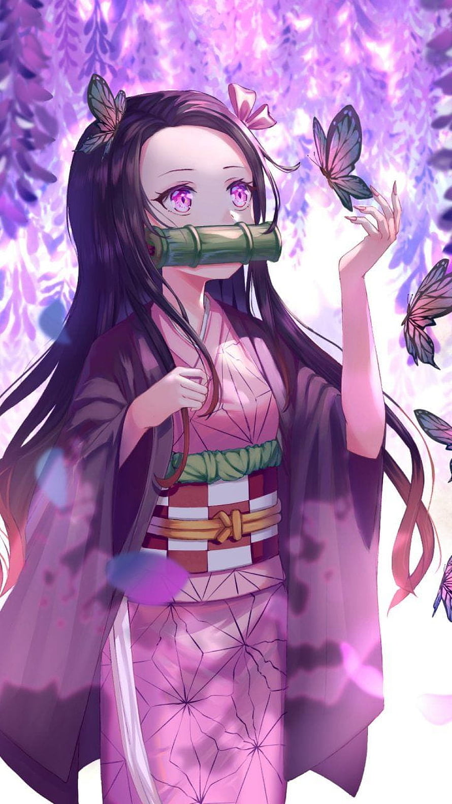 Nezuko Kamado in Pink Kimono Reaching for Butterflies Under Blossoming Trees HD phone wallpaper