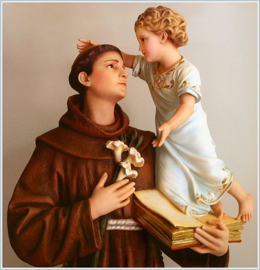 Saint Anthony of Padua holding lilies and a book with a child angel HD phone wallpaper
